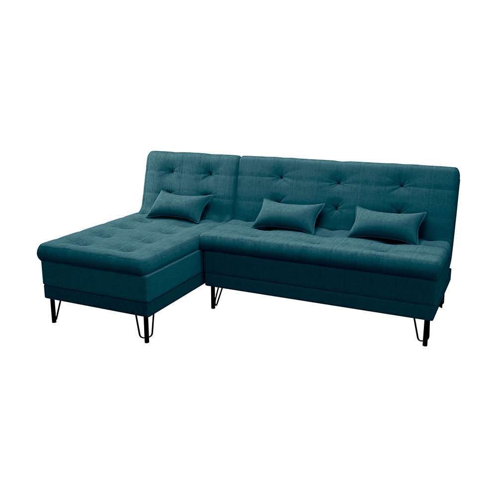 sofá-cama casal 3 lugares com chaise nice suede azul petróleo