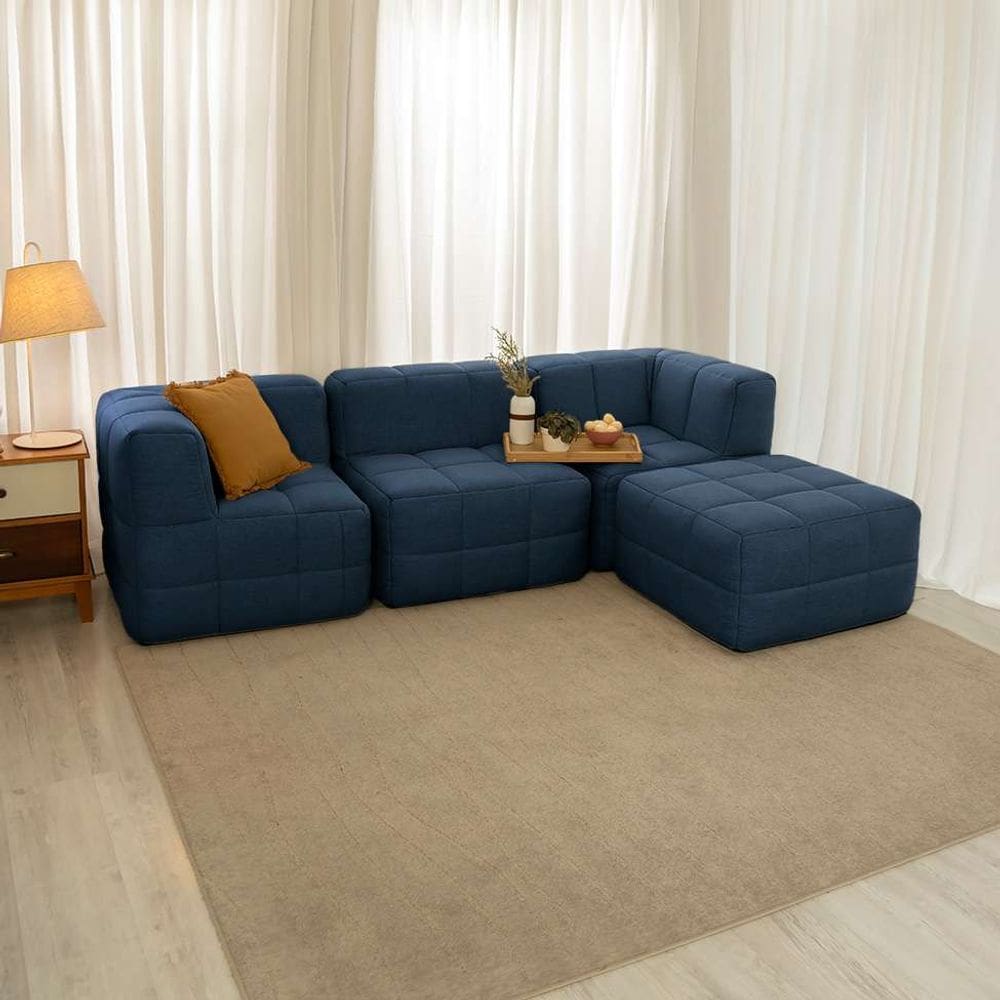 sofá guldi popup com 2 módulos canto central e puff linho azul