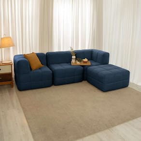 sofá guldi popup com 2 módulos canto central e puff linho azul