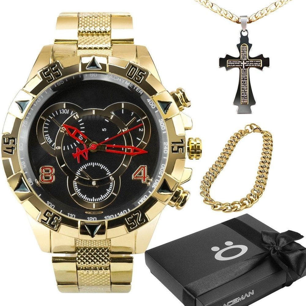 Relógio Masculino Banhado + Pulseira + Cordão Crucifixo Ouro