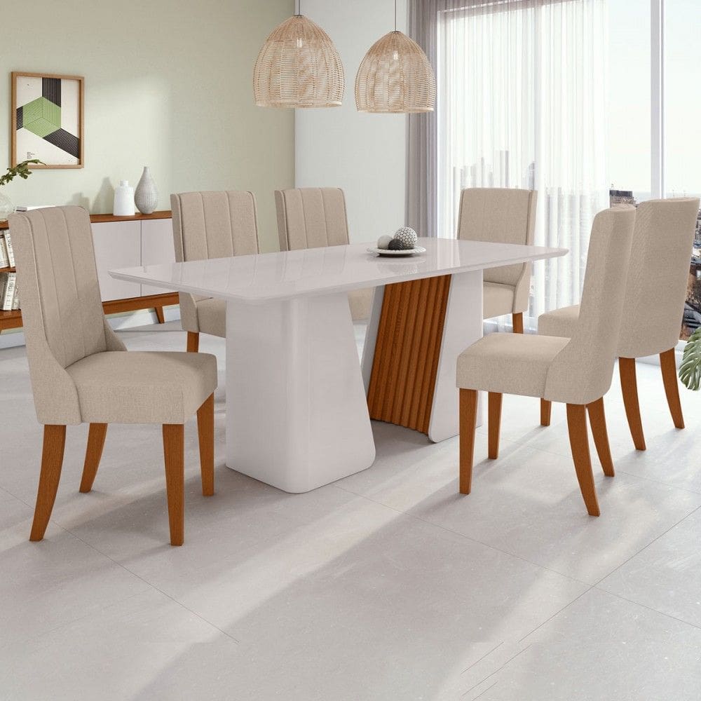 Mesa de Jantar 6 Lugares Luxor Celina com Vidro Off White/Frassino/Off White/Linho Rinzai Bege - Móveis Lopas