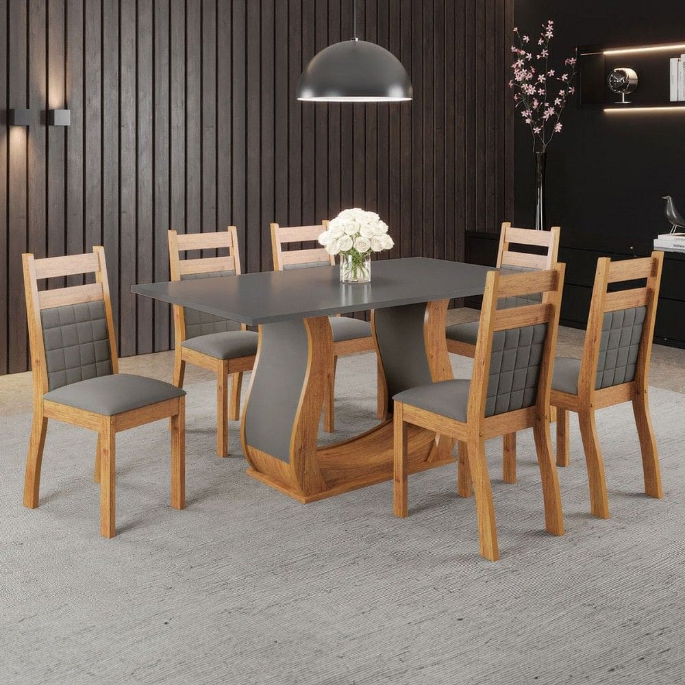 Mesa de Jantar 6 Lugares Sabrinna Sicilia Marrom/Cinza/Veludo/Grafite - Viero Móveis