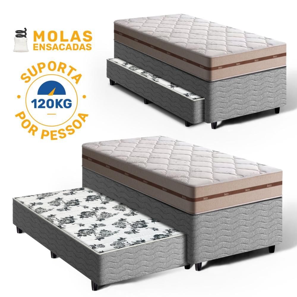 Cama Box com Colchão de Molas Ensacadas Solteiro Anjos Classic + Auxiliar de Espuma Unique Solteiro 88cm