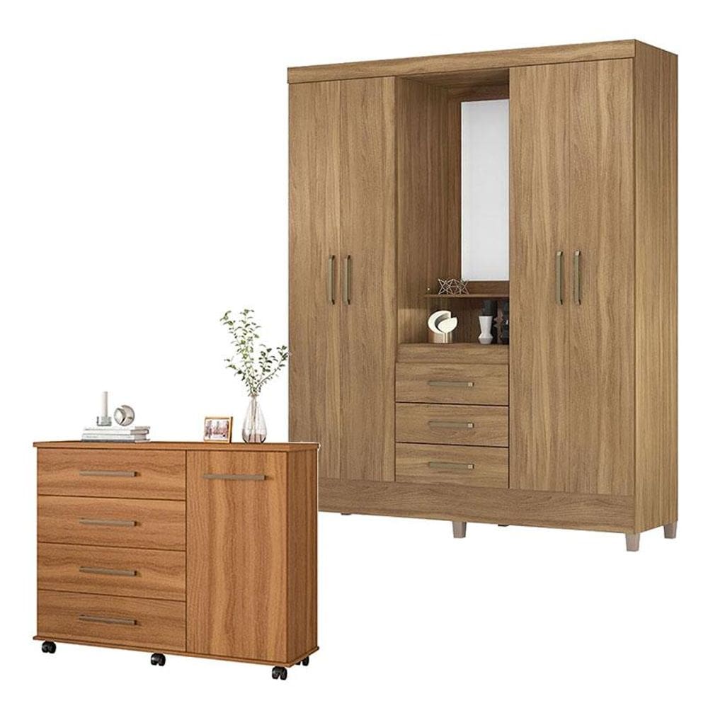 Cômoda Flora e Guarda Roupa Casal Capelinha Pérsia Amêndola Touch - Demóbile