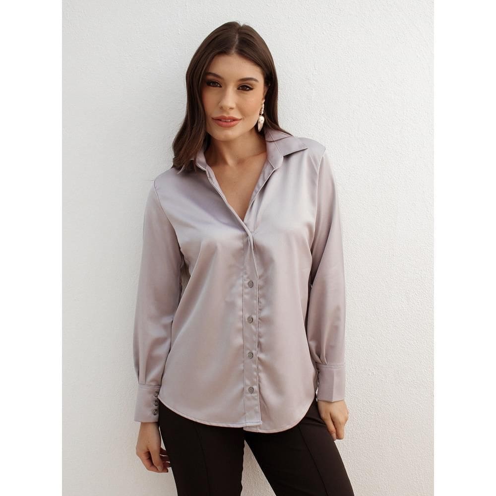 Camisa Feminina Cetim com Decote Modelagem Solta Manga Longa