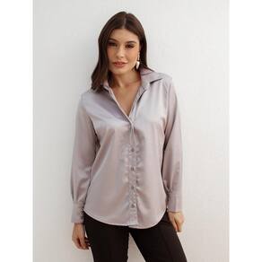 Camisa Feminina Cetim com Decote Modelagem Solta Manga Longa