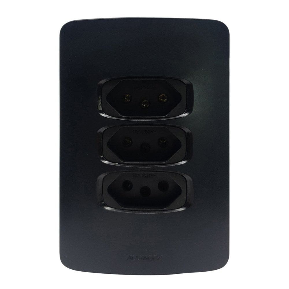 Conjunto 1 Placa 4x2 + 3 Tomadas 2 pólos + Terra 10A Gracia Maxx Alumbra Preto