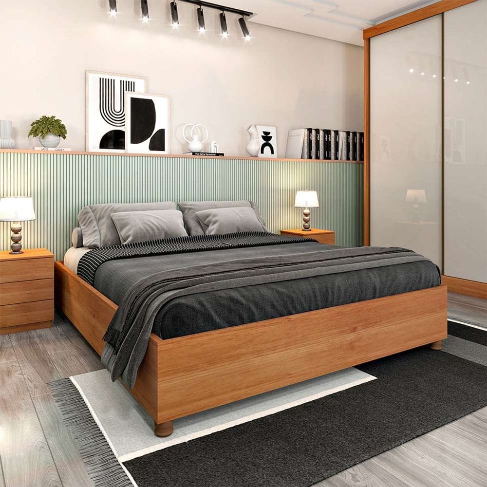base para cama box queen mônaco com 2 mesas de cabeceira veronna 3 gv cinamomo