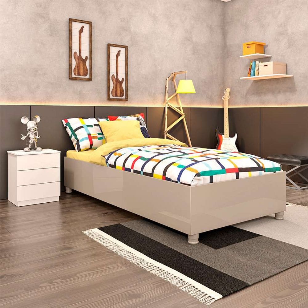 base para cama box solteiro mônaco off white com mesa de cabeceira veronna 3 gv neve
