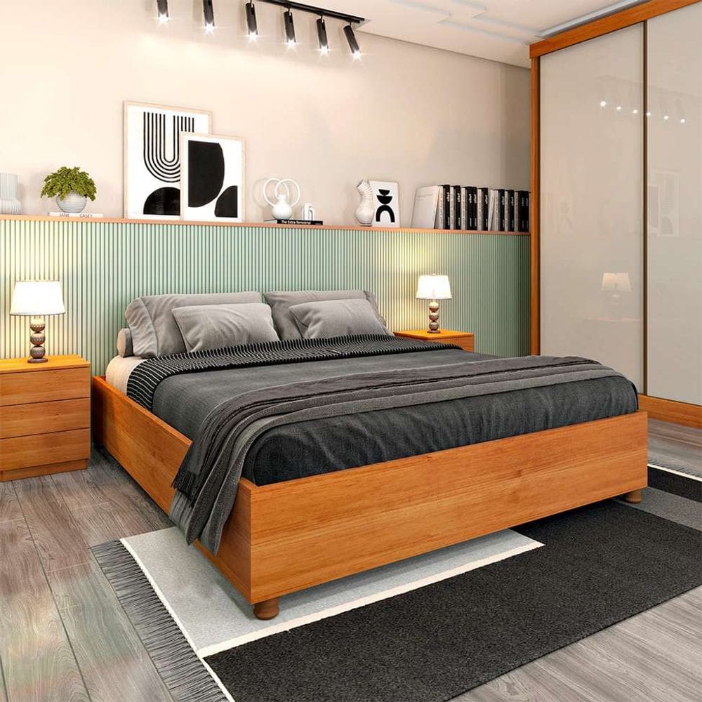 base para cama box casal mônaco com 2 mesas de cabeceira veronna 3 gv cinamomo