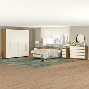 Quarto Casal Completo Guarda Roupa 6 Portas Cômoda 8 Gavetas 2 Mesa de Cabeceira 3 Gavetas Politorno Freijó/Off White