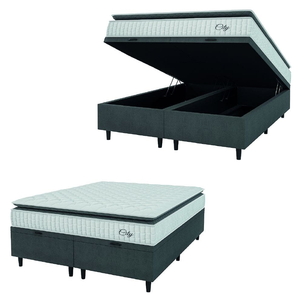 Cama Box Baú Colchão Casal King Molas Ensacadas City Pillow Top 193x203x64cm Cinza / Branco Hellen - Suporta até 110kg por Pessoa