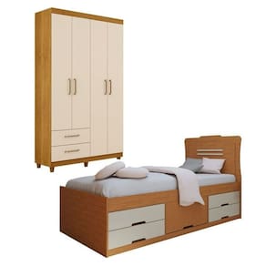 Conjunto Cama Solteiro 5 Gavetas Júlia e Guarda-Roupa Solteiro 4 Portas 2 Gavetas Canadá Plus Cinamomo/Off White