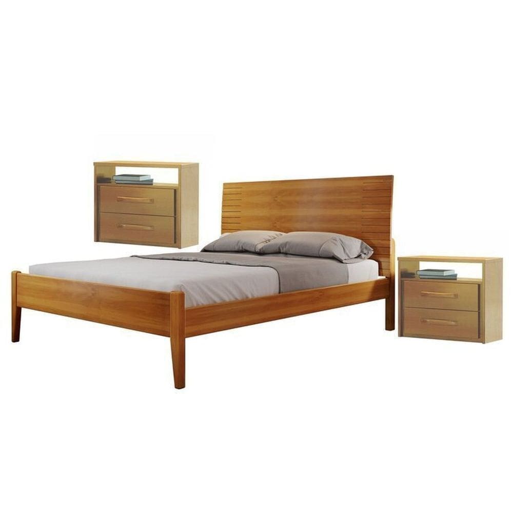 Conjunto Quarto de Casal Cama com 2 Mesas de Cabeceira 2 Gavetas Amêndoa/Mel