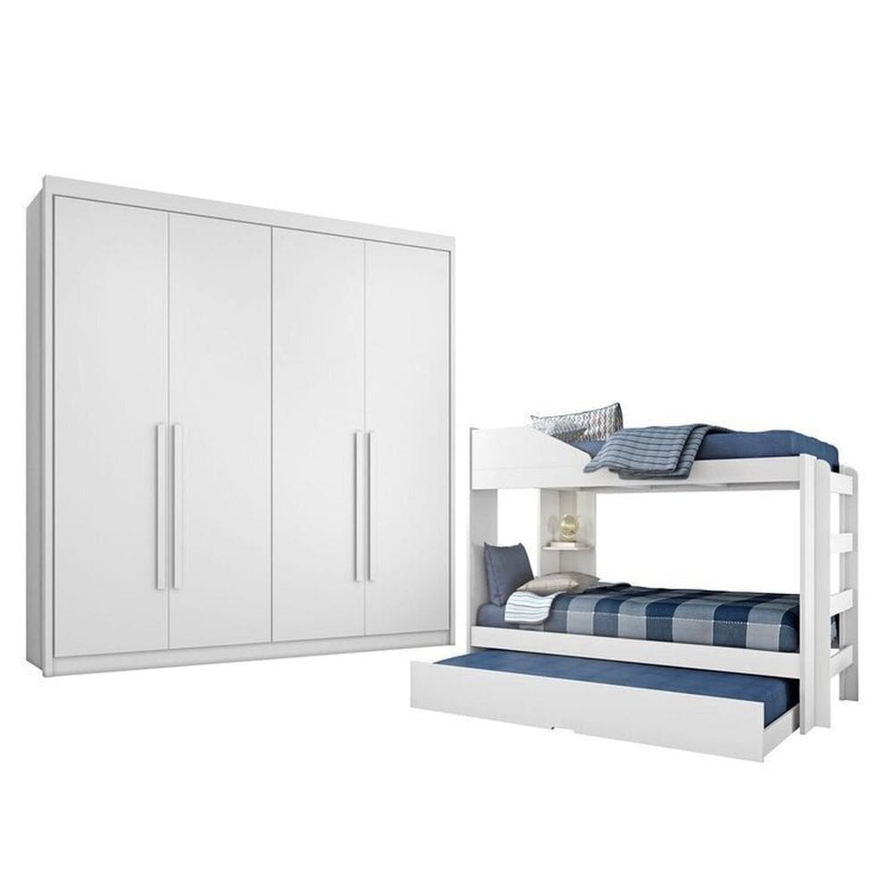 Conjunto Treliche Solteiro Indy e Guarda Roupa Casal 4 Portas 4 Gavetas Bergame Branco