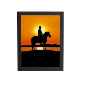 Quadro Homem Montado Cavalo Pôr Sol Moldura Preta 60X40Cm