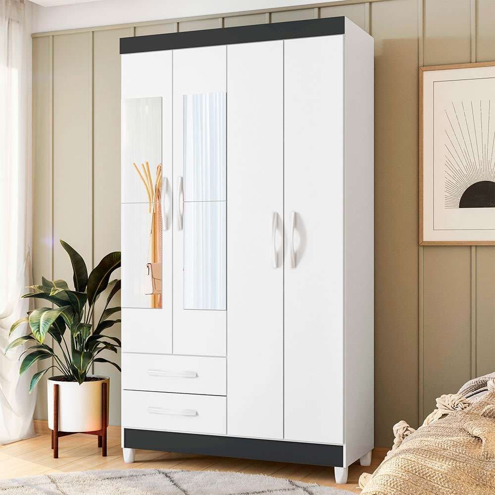 guarda-roupa solteiro com espelho Âmbar flex 4 pt 2 gv branco