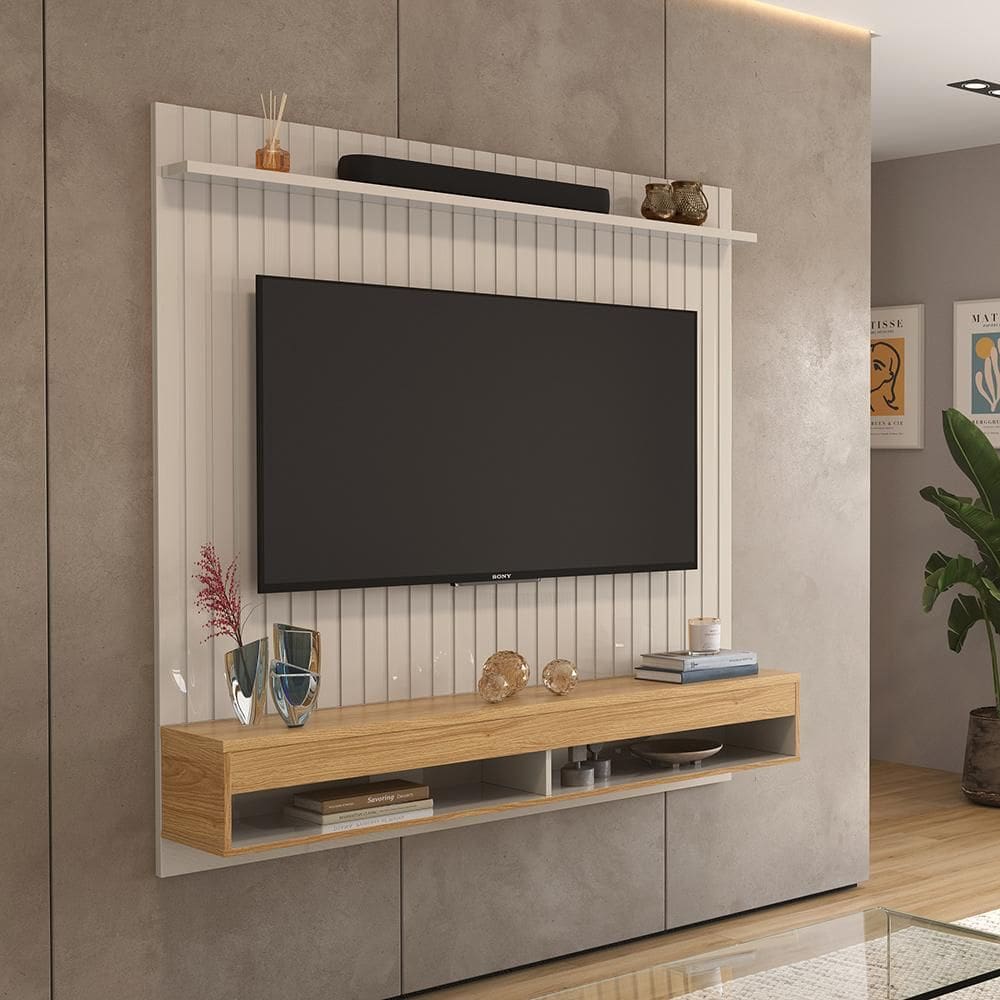 Painel Para Tv até 70 Polegadas Frisado Detroit Com Nicho Off White/Freijó