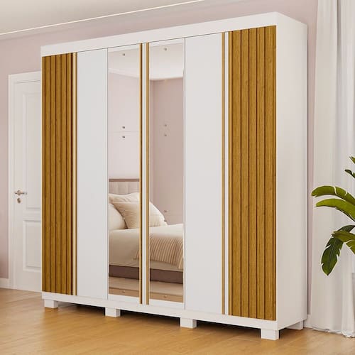 imagem-Guarda-roupa Casal 230,10cm 6 Portas Ripado 6 Gavetas com Espelho 100% Mdf Magnólia Branco/Cinamomo