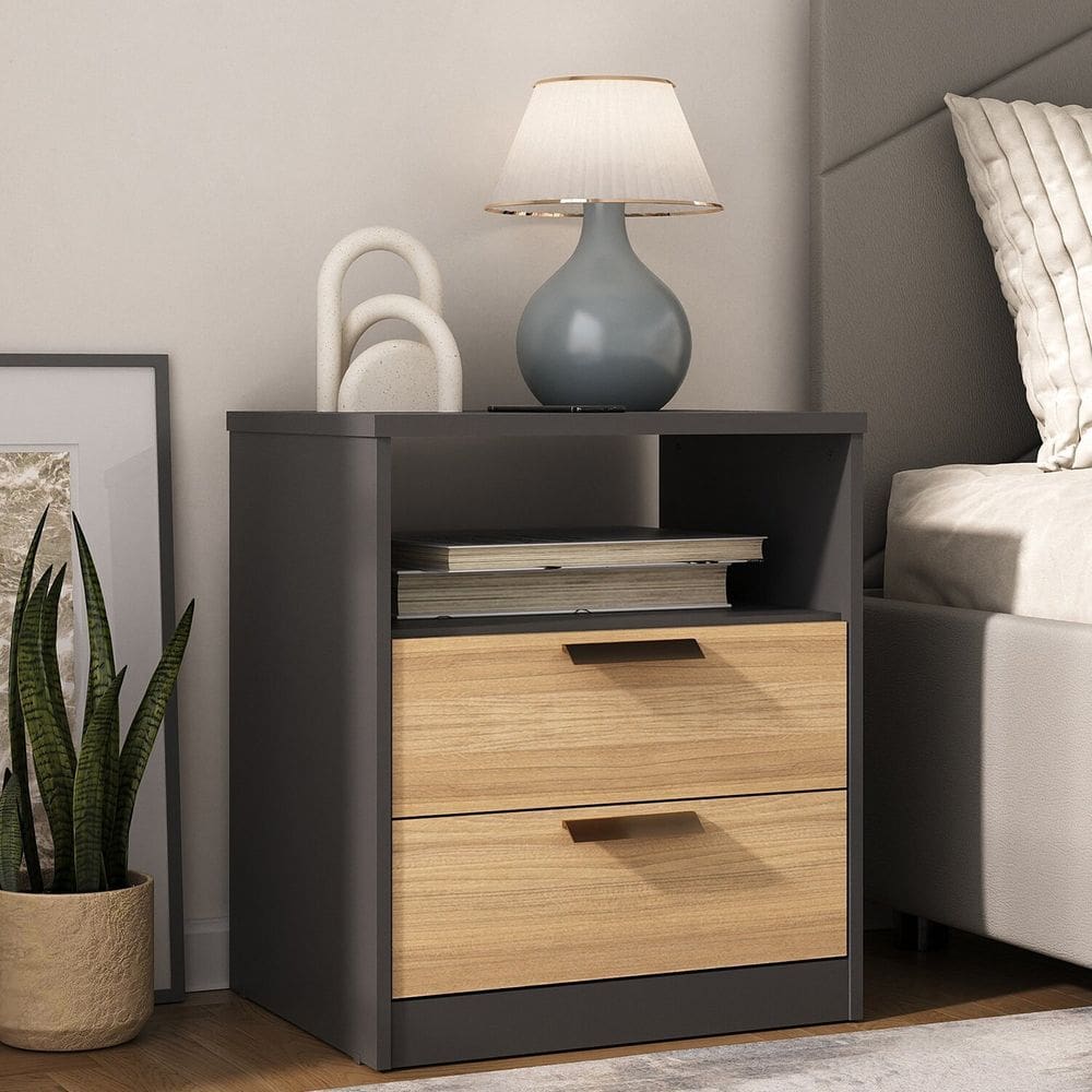 Mesa de Cabeceira Divino 2 Gavetas 100% Mdf Preto/Olmo