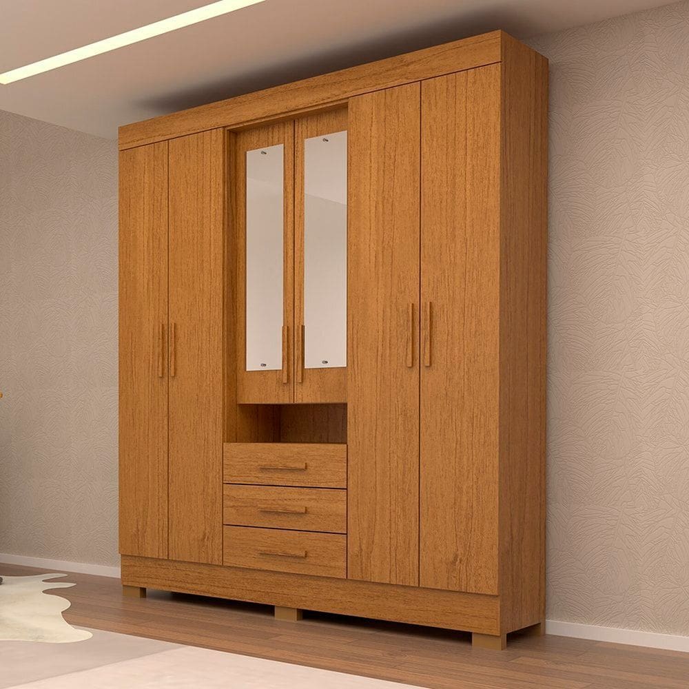 Guarda-roupa Casal 6 Portas 3 Gavetas Capelinha com Espelho 100% Mdf Débora Cinamomo