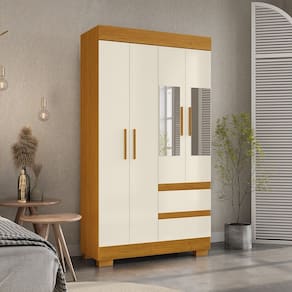 Guarda-roupa Solteiro 99,80cm 4 Portas com Espelho e 2 Gavetas Chantrieri Espresso Móveis Cinamomo/Off White