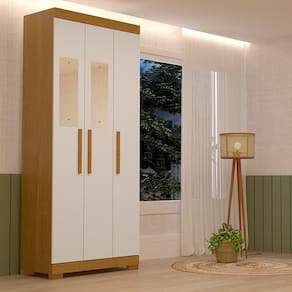 Guarda-roupa Solteiro 82,60cm 3 Portas com Espelho 100% Mdf Papoulas Espresso Móveis Cinamomo/Off White