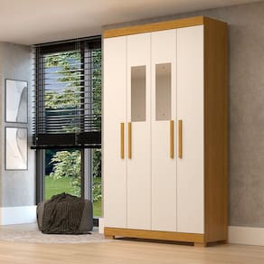 Guarda-roupa Solteiro 109,80cm 4 Ptas com Espelho 100% Mdf Papoulas Espresso Móveis Cinamomo/Off White