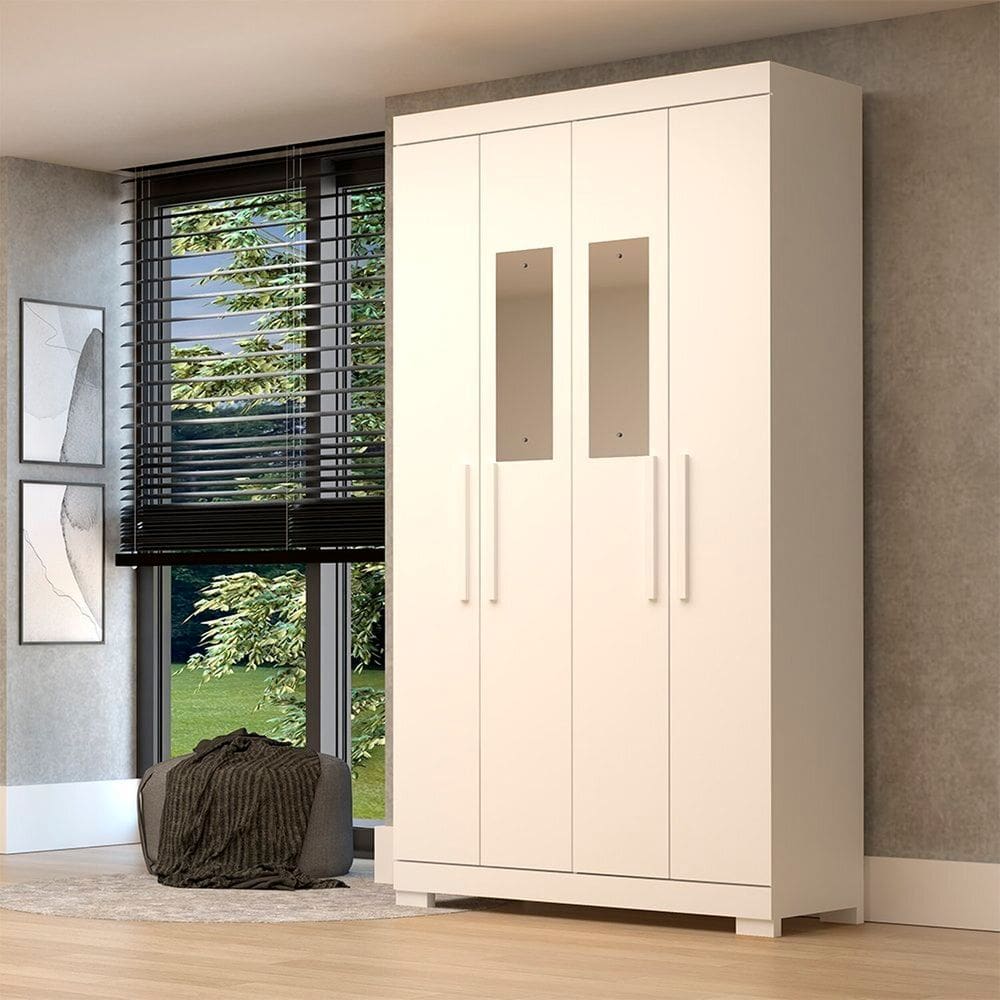 Guarda-roupa Solteiro 109,80cm 4 Ptas com Espelho 100% Mdf Papoulas Espresso Móveis Branco