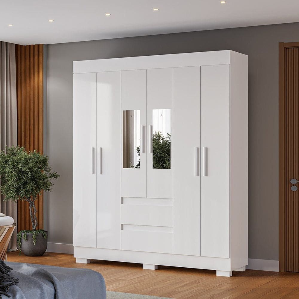 Guarda-roupa Casal 149,10cm 6 Portas com Espelho e 2 Gavetas Chantrieri Espresso Móveis Branco