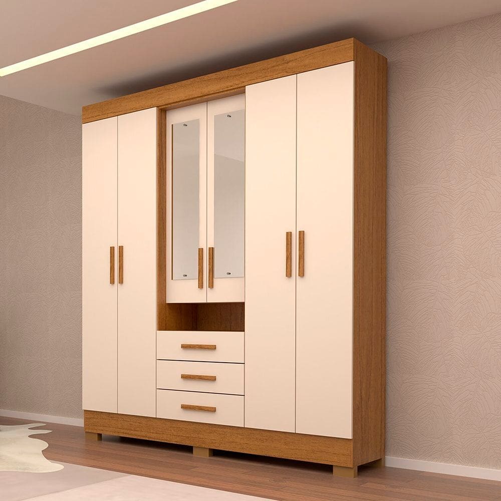 Guarda-roupa Casal 6 Portas 3 Gavetas Capelinha com Espelho 100% Mdf Débora Cinamomo/Off White