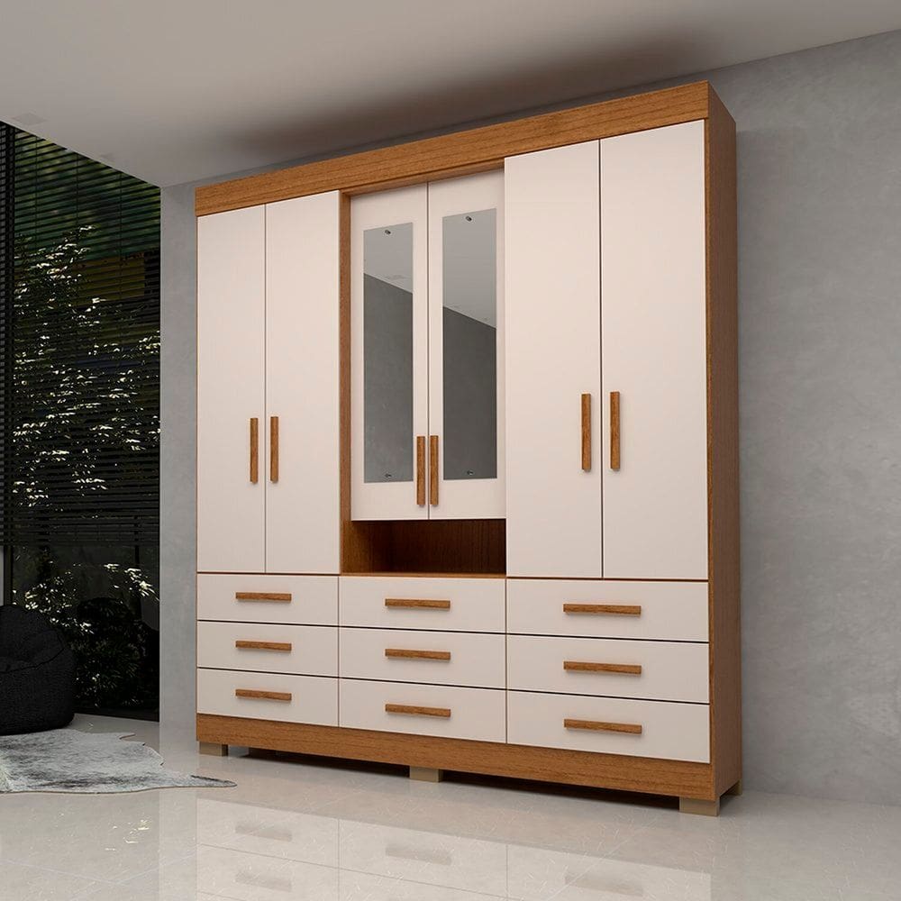 Guarda-roupa Casal 178,80cm 6 Portas 9 Gavetas Capelinha com Espelho 100% Mdf Débora Cinamomo/Off White