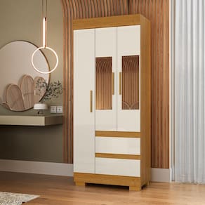 Guarda-roupa Solteiro 75,30cm 3 Ptas com Esp e 2 Gavetas Chantrieri Espresso Móveis Cinamomo/Off White