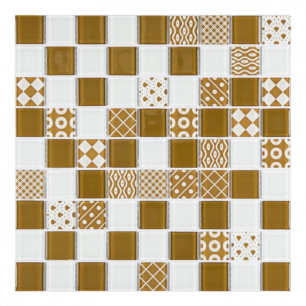 Pastilha de Vidro Mesclada 30cm x 30cm Patchwork Glass Mosaic Placas Branco/Marrom
