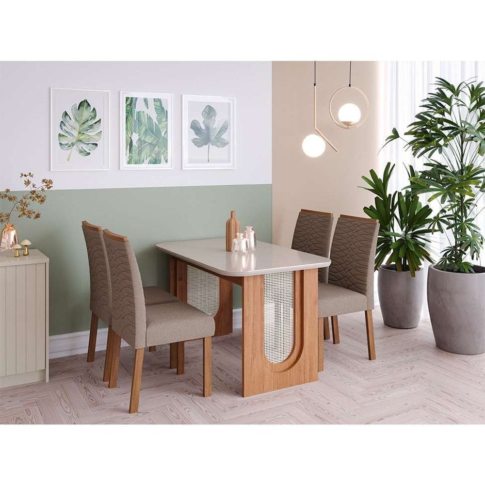 conjunto de mesa de jantar retangular com tampo de vidro off white letícia e 4 cadeiras clarice linho bege e cinamomo