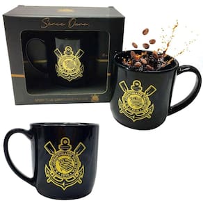 Kit 2Un Caneca Preta Xícara Porcelana 300Ml Café Time