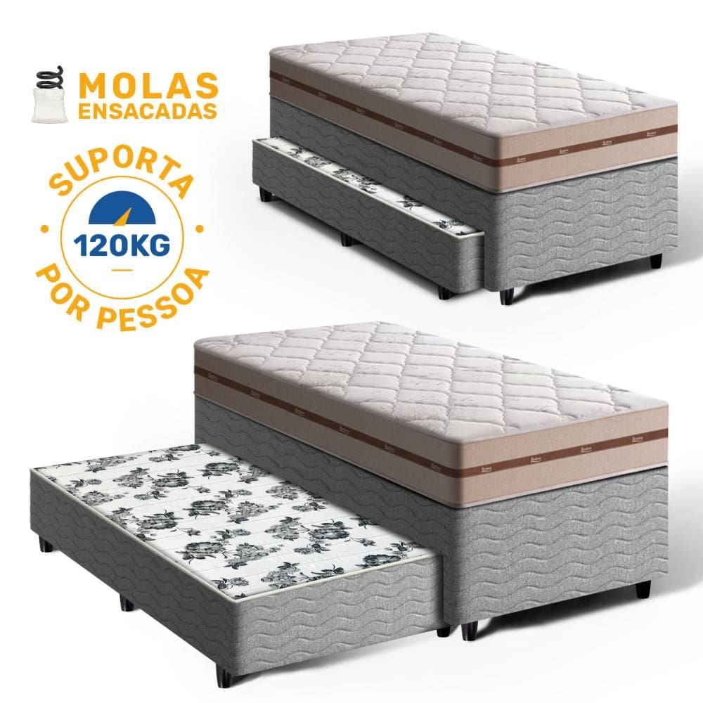 Cama Box Bicama com Colchão de Molas Ensacadas Solteiro Anjos Classic + Auxiliar de Espuma Unique Solteiro 88cm