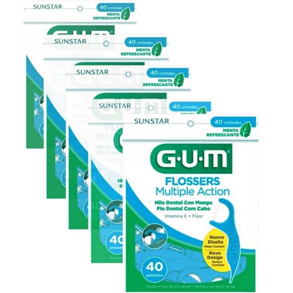 Kit 200 Flosser Fio Dental Multipla Ação com Haste GUM Azul