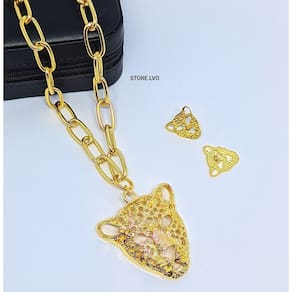 Kit Colar e Brincos Corrente Elo Grosso com Pingente Onça Tingre Grande Conjunto Par de Brinco Folheado Ouro Dourado