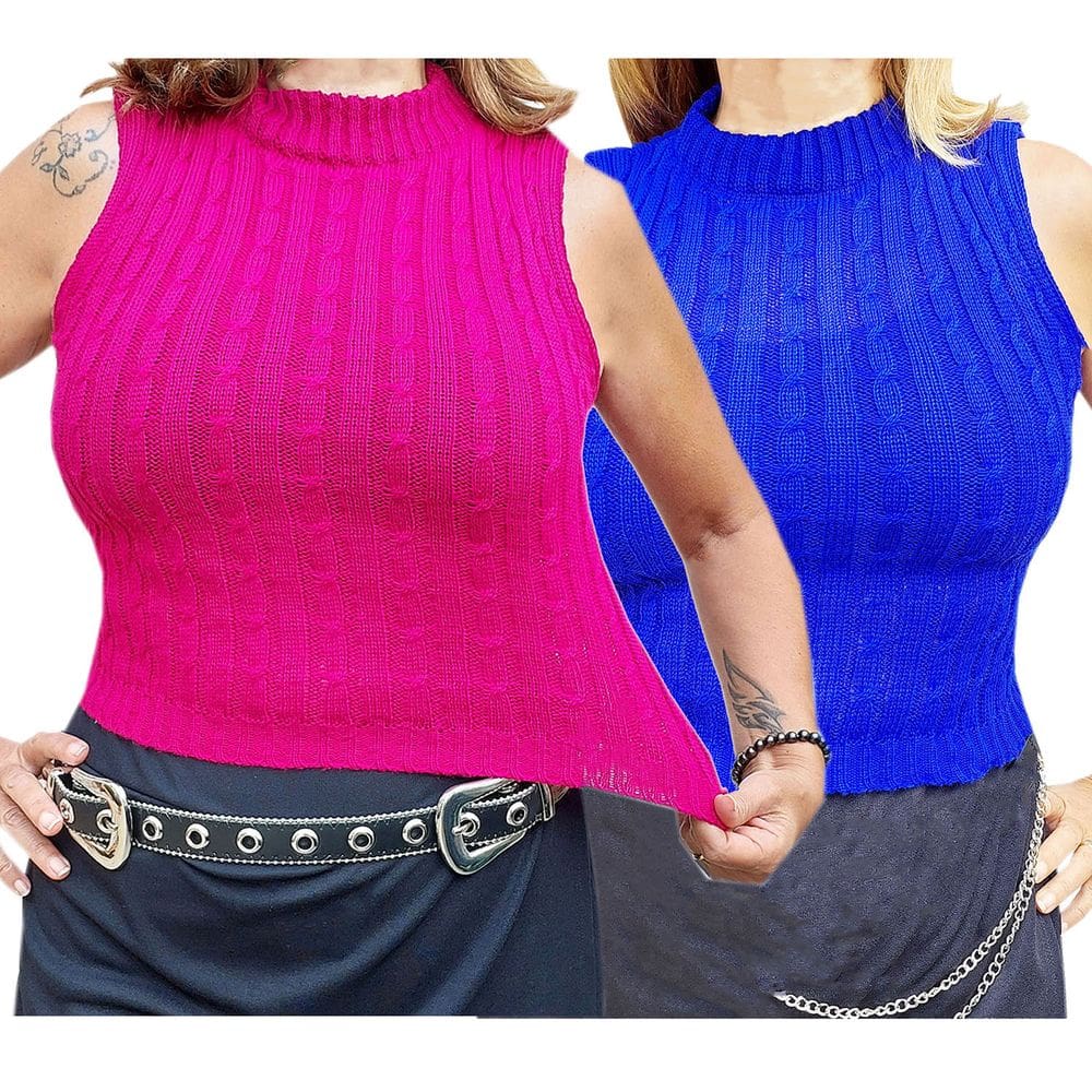 Blusa Feminina Garrafinha Trançada Tricot Modal Elegante Gola Alta Sem Manga: Kit Com 2 Cores