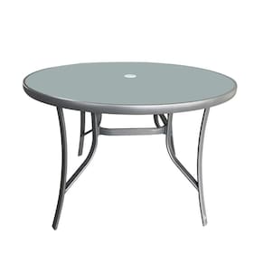 Mesa Redonda Arpoador Macaé Fratini 107 cm (largura) Alumínio Cinza Tampo de Vidro com Furo Central