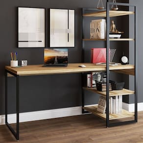 Mesa Escrivaninha Estilo Industrial Aço 4 Prateleiras Carvalho/Preto - Panorama Móveis