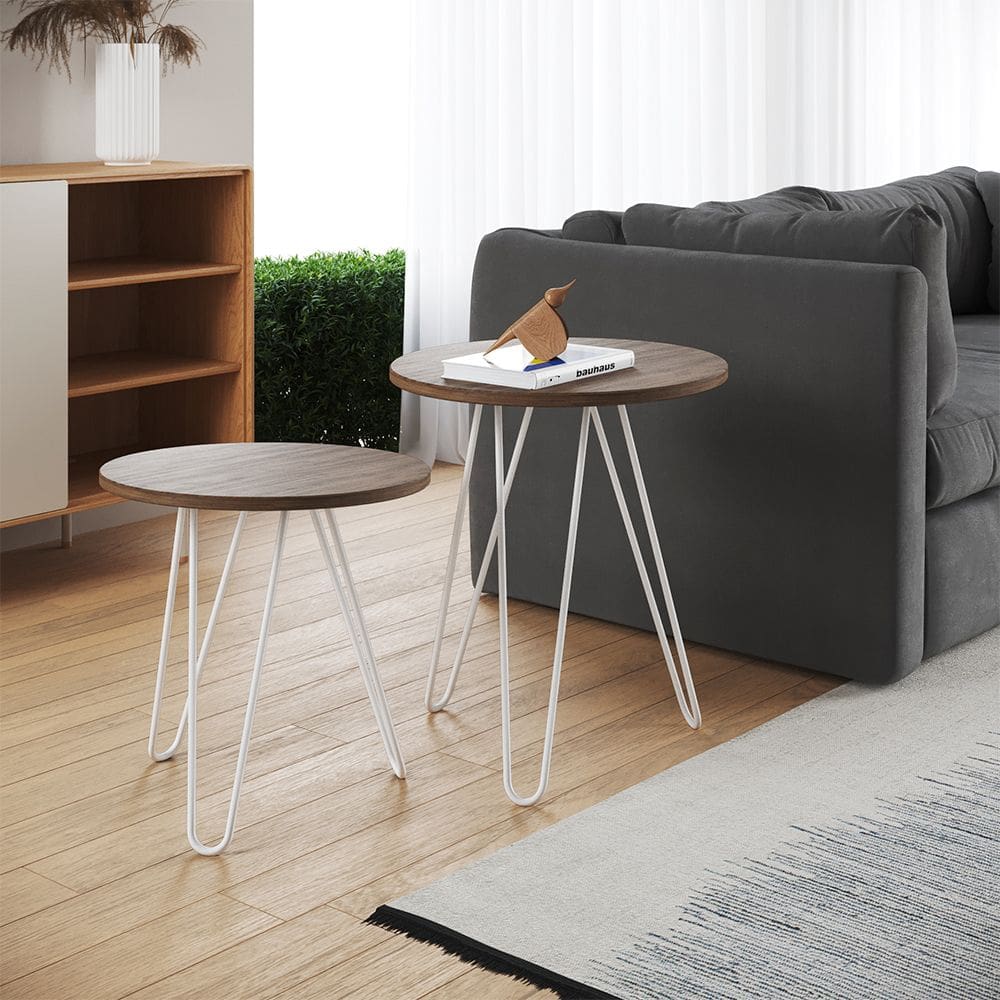 Mesa de Lateral Duo Lisboa Ferro Branco Tampo Amêndoa