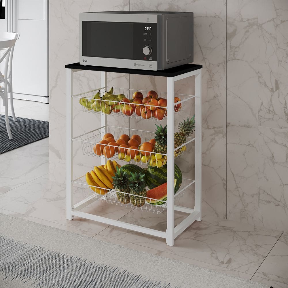 Fruteira com Suporte para Micro-ondas Barcelona Aço Branco Cesto Branco Tampo Preto