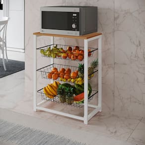 Fruteira com Suporte para Micro-ondas Barcelona Aço Branco Cesto Preto Tampo Canela