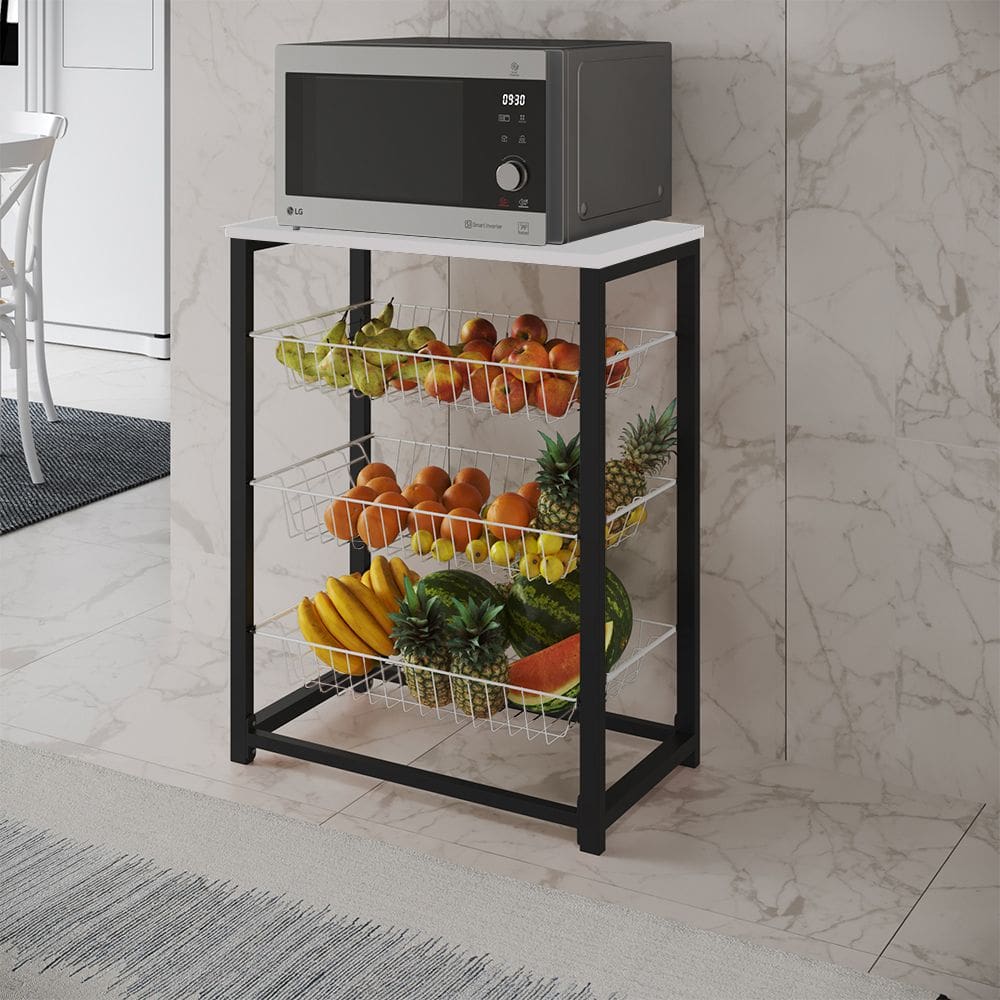 Fruteira com Suporte para Micro-ondas Barcelona Aço Preto Cesto Branco Tampo Branco