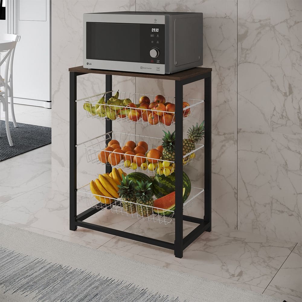 Fruteira com Suporte para Micro-ondas Barcelona Aço Preto Cesto Branco Tampo Amêndoa