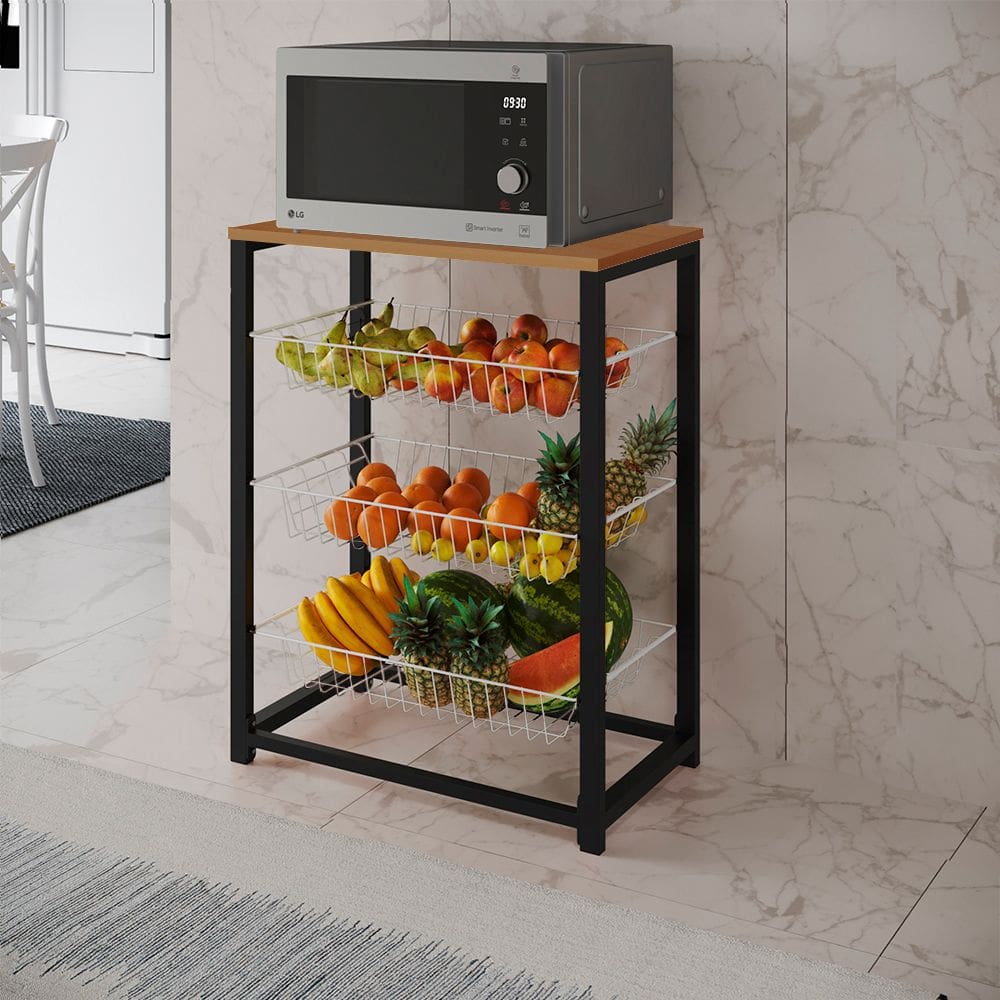 Fruteira com Suporte para Micro-ondas Barcelona Aço Preto Cesto Branco Tampo Canela