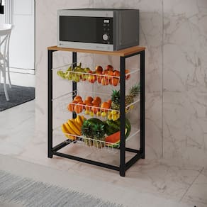 Fruteira com Suporte para Micro-ondas Barcelona Aço Preto Cesto Branco Tampo Canela