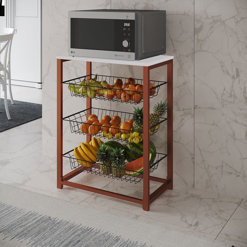 Fruteira com Suporte para Micro-ondas Barcelona Aço Cobre Cesto Preto Tampo Branco